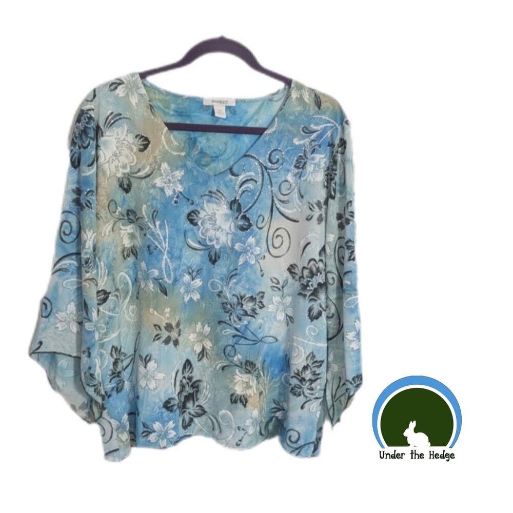 Vtg Dressbarn Blue Glitter Floral Asymmetrical Sleeve Top Sz 3X Fairy Whimsy e@